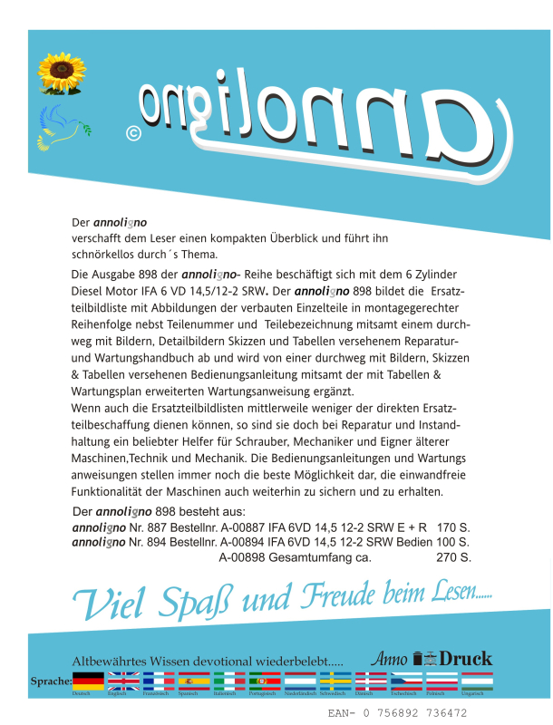 VEB IFA Diesel LKW Landmaschinen, Aggregat und Traktor Motor Typ 6VD 14,5/12-2 SRW Bild Bedienungsanleitung & Wartungsanleitung & Bild-Ersatzteilliste & Explosionszeichnungen & Bild- Reparaturanleitung  - annoligno 898